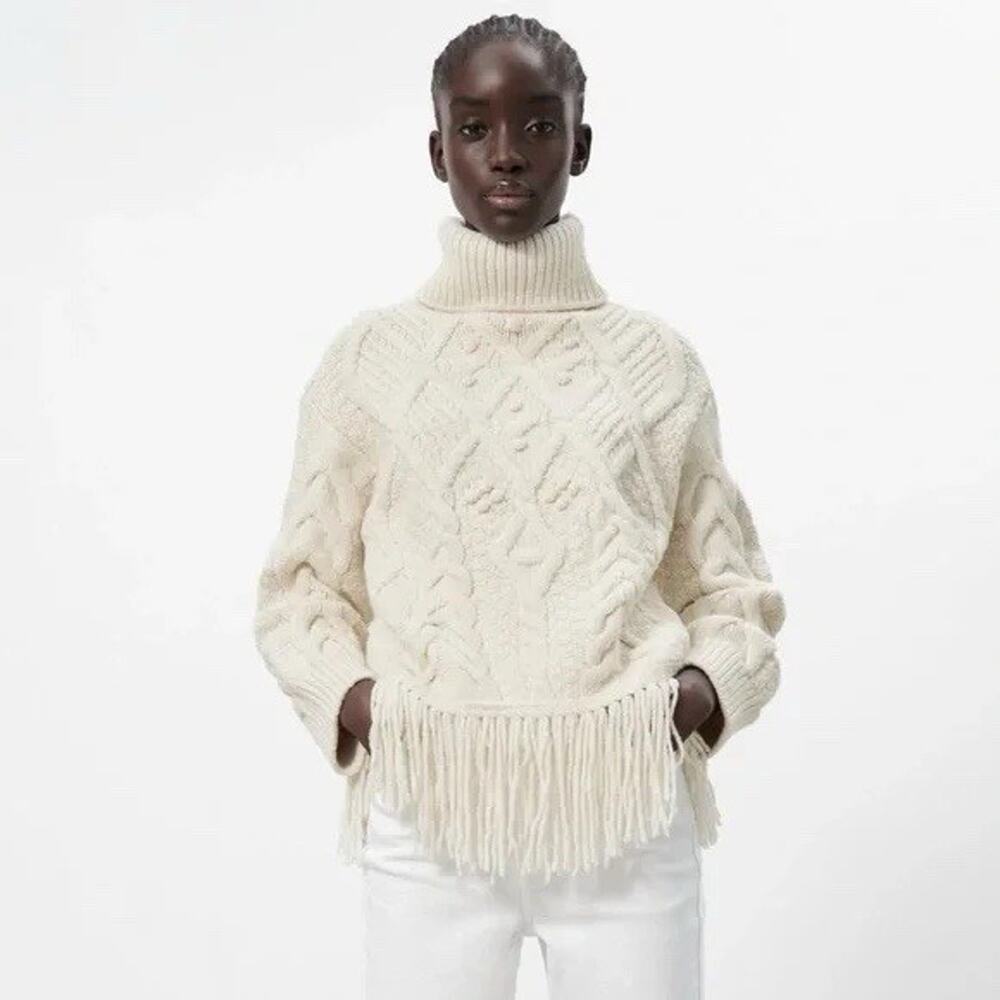Zara Fisherman Sweater Cream Chunky Knit Fringed Hem Small - Picture 4 of 10